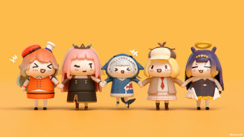 &gt;_&lt; +++ 3d 5girls :3 :d =_= animal_costume animal_hood artist_name black_dress blonde_hair blue_hair blue_hoodie blunt_bangs blush_stickers chef_hat chibi commentary deerstalker detective dress english_commentary fins fish_tail full_body gawr_gura gawr_gura_(1st_costume) gradient_hair green_hair halo hat highres holding_hands hololive hololive_english holomyth hood hoodie kanoooooo long_hair long_sleeves looking_at_another mole mole_under_eye mori_calliope mori_calliope_(1st_costume) multicolored_hair multiple_girls necktie ninomae_ina&#039;nis ninomae_ina&#039;nis_(1st_costume) ninomae_ina&#039;nis one_eye_closed open_mouth orange_background orange_hair pink_hair plaid_clothes plaid_skirt purple_hair red_neckwear shark_costume shark_hood shark_tail sidelocks simple_background skirt smile smol_ame smol_calli smol_gura smol_ina smol_kiara standing streaked_hair tail takanashi_kiara takanashi_kiara_(1st_costume) tentacle_hair tiara twitter_username veil virtual_youtuber walfie_(style) watson_amelia watson_amelia_(1st_costume)
