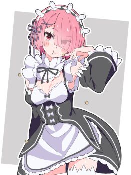 Rule 34 | 1girl, :t, blush stickers, breasts, commentary, contrapposto, cowboy shot, detached sleeves, eating, eyes visible through hair, frilled sleeves, frills, grey background, hair ornament, hair over one eye, hair ribbon, long sleeves, looking at viewer, maid, maid headdress, mamemaki, noyama takenoko, outline, pink hair, ram (re:zero), re:zero kara hajimeru isekai seikatsu, red eyes, ribbon, roswaal mansion maid uniform, setsubun, short hair, simple background, small breasts, solo, thighhighs, underbust, wavy mouth, white outline, white thighhighs, wide sleeves, x hair ornament, zettai ryouiki