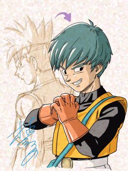 Rule 34 | 1boy, adversarial noise, aqua hair, arrow (symbol), bag, black eyes, black shirt, commentary request, covered collarbone, dougi, dragon quest, dragon quest iii, dual persona, fist in hand, gloves, grin, headband, highres, looking back, looking to the side, male focus, martial artist (dq3), murakami yumiko, orange gloves, pants, profile, shirt, short hair, shoulder bag, signature, smile, solo, spiked hair, thief (dq3), toriyama akira (style), vest, white background, white pants, yellow vest