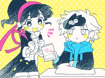 Rule 34 | 1boy, 1girl, blue shirt, character request, desk, hairband, holding, holding manga, jacket, limited palette, manga (object), mask, mask on head, midriff, navel, open mouth, pillow, pink hairband, polka dot, polka dot background, ponytail, puffy cheeks, shirt, short hair, tsunoji, yell!