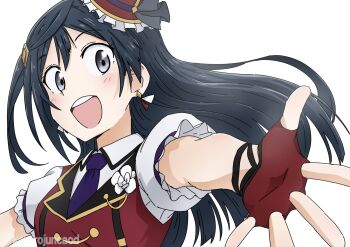 1girl :d black_hair buttons chase!_(love_live!) collared_shirt diamond_hair_ornament double-breasted dress_shirt fingerless_gloves floating_hair foreshortening frilled_hat frilled_sleeves frills gloves grey_eyes hat highres kerorojuncaod long_hair looking_at_viewer love_live! love_live!_nijigasaki_high_school_idol_club mini_hat mini_top_hat necktie official_alternate_costume open_mouth outstretched_arm puffy_short_sleeves puffy_sleeves purple_necktie red_gloves red_hat red_vest shirt short_sleeves simple_background smile solo teeth tilted_headwear top_hat twitter_username upper_body upper_teeth_only vest white_background white_shirt yuki_setsuna