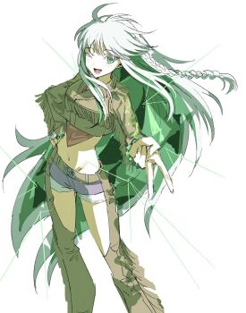 1girl ahoge bead_bracelet beads belt bracelet braid brown_jacket brown_pants chaps cropped_jacket crotchless crotchless_pants crystal_hair fate/grand_order fate_(series) fgolz7l fringe_trim green_hair grin hand_on_own_hip highres jacket jewelry kukulkan_(fate) kukulkan_(first_ascension)_(fate) lapels lower_teeth_only midriff navel one_eye_closed pants shorts side_braid sketch smile solo teeth v