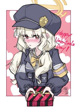 Rule 34 | 1girl, aoba (blue archive), armband, black hat, blonde hair, blue archive, blush, bow, bowtie, commentary request, gift, halo, happy valentine, hat, heart, highres, hukuro kasiwa, jacket, long sleeves, looking at viewer, low twintails, newsboy cap, orange halo, red eyes, solo, twintails, valentine, yellow armband, yellow bow, yellow bowtie