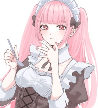1girl alternate_costume blush brown_dress closed_mouth dress enmaided fingernails fire_emblem fire_emblem:_three_houses highres hilda_valentine_goneril holding holding_spoon long_hair long_sleeves looking_at_viewer maid maid_headdress nintendo pink_eyes pink_hair pink_nails sayaka_(fe_uma274) simple_background solo spoon twintails very_long_hair white_background