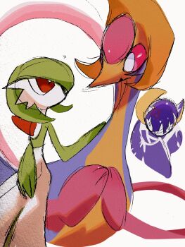 Rule 34 | 1girl, anger vein, angry, bright pupils, colored sclera, colored skin, cresselia, eye contact, female focus, flat chest, gardevoir, gen 3 pokemon, gen 4 pokemon, gen 7 pokemon, green skin, hand on another's shoulder, hand on lap, happy, jealous, leaning on person, legendary pokemon, looking at another, lunala, multicolored skin, nintendo, no mouth, open mouth, own hands together, pink sclera, pokemon, pokemon (creature), powerpuff (pixiv 60944739), red eyes, simple background, sketch, smile, two-tone skin, white background, white eyes, white pupils, white skin