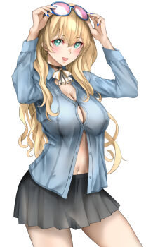 1girl aqua_eyes atago_(kancolle) black_skirt blonde_hair blue_nails blue_shirt blush breasts button_gap cleavage commentary_request covered_erect_nipples cowboy_shot eyewear_on_head hair_between_eyes hands_on_eyewear highres kantai_collection large_breasts long_hair long_sleeves looking_at_viewer no_bra no_panties open_mouth pleated_skirt see-through_clothes see-through_silhouette shirt simple_background skirt solo sunglasses tororo_ten very_long_hair white_background
