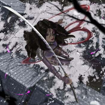 1girl architecture artist_name black_hair blurry breasts commentary depth_of_field east_asian_architecture english_commentary from_above highres holding holding_sword holding_weapon katana large_breasts long_hair looking_at_viewer looking_up marvel paid_reward_available psylocke solo superhero_costume sword tatti_art variant_set weapon