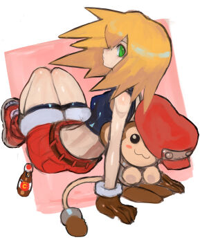 1girl black_shirt blonde_hair breasts dakusuta green_eyes highres looking_at_viewer medium_hair mega_man_(series) mega_man_legends_(series) monkey red_shoes red_shorts roll_caskett_(mega_man) shirt shoes shorts sleeveless sleeveless_shirt small_breasts solo white_background