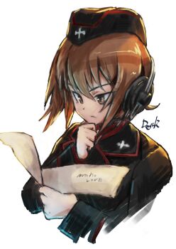 1girl black_hat black_jacket brown_eyes brown_hair commentary_request cross garrison_cap girls_und_panzer hand_on_own_chin hat headset highres holding holding_map iron_cross jacket kuromorimine_military_uniform kuroneko_douji long_sleeves map military military_hat military_uniform nishizumi_maho red_shirt shirt short_hair signature simple_background solo thinking upper_body white_background wire