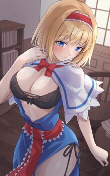 1girl absurdres alice_margatroid black_bra black_panties blonde_hair blue_dress blue_eyes blurry blurry_background blush book bow bowtie bra breasts breasts_out capelet cleavage closed_mouth commentary_request cowboy_shot dress eyelashes frilled_hairband frilled_ribbon frills hair_between_eyes hairband hand_up head_tilt highres holding_strap indoors lace lace-trimmed_bra lace_trim large_breasts lingerie medium_hair open_door paid_reward_available panties ramie_(ramie541) red_bow red_bowtie red_hairband red_ribbon ribbon side-tie_panties side-tie_peek solo straight_hair touhou underwear white_capelet