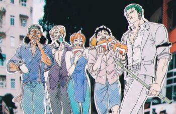 1girl 4boys bandana_around_arm bangle bare_shoulders black_hair blonde_hair blue_pants blue_shirt blue_shorts bracelet closed_eyes commentary drinking earrings eating facial_scar feet_out_of_frame food food_on_face green_hair grey_jacket grey_pants hand_on_another's_shoulder hat highres holding holding_food jacket jewelry long_nose mcbuckwheat monkey_d._luffy multiple_boys nami_(one_piece) one_piece open_clothes open_jacket open_mouth orange_hair outdoors pants photo_background purple_shirt roronoa_zoro sanji_(one_piece) scar scar_on_cheek scar_on_face shirt short_hair shorts straw_hat straw_hat_pirates suspenders symbol-only_commentary unworn_hat unworn_headwear usopp white_shirt