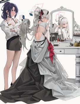 2girls absurdres alternate_costume backless_dress backless_outfit bare_back black_choker black_dress black_hairband black_halo black_skirt blue_archive blue_eyes blush choker closed_mouth commentary_request crossed_arms dress earphones from_behind grey_hair hairband halo highres kei_(blue_archive) leviathan_(hikinito0902) long_hair long_sleeves looking_at_another looking_back looking_to_the_side multicolored_dress multiple_girls pencil_skirt pink_halo ponytail purple_hair red_eyes shirt sitting skirt smile very_long_hair wedding_dress white_dress white_shirt yuuka_(blue_archive)