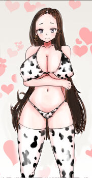 1girl absurdres animal_print bikini breasts brown_hair cow_print cow_print_bikini grimms_notes highres huge_breasts long_hair mona_lisa_(grimms_notes) print_bikini solo source_request swimsuit