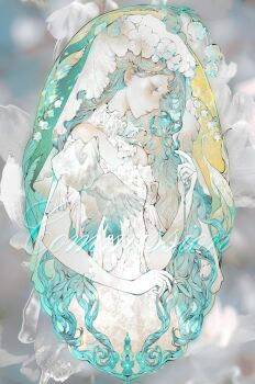 Rule 34 | 1girl, absurdres, aqua flower, bare shoulders, blue eyes, brown hair, choker, closed mouth, commission, dong guang, dress, earrings, expressionless, eyelashes, feathered wings, flower, frilled choker, frills, gloves, highres, holding, holding flower, jewelry, lens flare, lily of the valley, lips, long hair, looking at flowers, off-shoulder dress, off shoulder, original, profile, short sleeves, solo, stud earrings, veil, watermark, wavy hair, white dress, white flower, white veil, wings