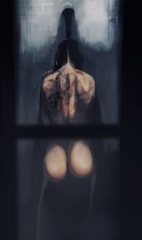 1girl ass back_tattoo black_hair fatal_frame fatal_frame_iii:_the_tormented from_behind gauss_&lt;bokashi highres kurosawa_rei long_hair nude shower_head showering solo tattoo