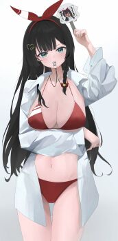 1girl arm_under_breasts bikini black_hair blowing_whistle blue_eyes bow braid breasts collared_shirt cowboy_shot dress_shirt frown hair_bow hair_ornament hairband heart heart_hair_ornament highres holding holding_sign jageunson large_breasts long_hair long_sleeves looking_at_viewer navel open_clothes open_shirt red_bikini red_bow red_hairband red_ribbon ribbon see-through_clothes see-through_shirt shirayuki_hina shirt side_braid sign simple_background solo stellive stomach string_bikini swimsuit thigh_gap underboob very_long_hair virtual_youtuber whistle white_background white_shirt wing_collar x_arms