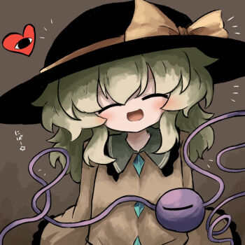 1girl black_hat blush bow brown_background buttons closed_eyes collared_shirt deformed diamond_button eyeball fedora frilled_shirt_collar frilled_sleeves frills green_hair hat hat_bow heart heart_of_string heripantomorrow komeiji_koishi long_hair long_sleeves open_mouth shirt sidelocks simple_background smile solo third_eye touhou yellow_bow yellow_shirt