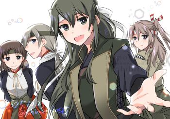 brown_hair chitose_(kancolle) chiyoda_(kancolle) collared_shirt dated dress_shirt green_eyes green_jacket grey_eyes grey_hair hair_down hakama hakama_skirt headband high_ponytail jacket japanese_clothes kantai_collection low_ponytail orikoshi_shino ponytail shirt short_hair skirt smile twitter_username white_shirt zuihou_(kancolle) zuihou_kai_ni_(kancolle) zuikaku_(kancolle) zuikaku_kai_ni_(decisive_battle)_(kancolle) zuikaku_kai_ni_(kancolle)