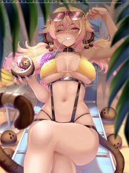 1girl ahoge animal animal_ears bandaged_arm bandages bandana belt blonde_hair blush breasts chair coconut dark-skinned_female dark_skin fangs feet_out_of_frame highres koko_d._nuts large_breasts looking_at_viewer monkey multicolored_hair nails navel one_eye_closed palm_tree pink_eyes pink_hair sand sitting smile srinitybeast sunglasses_on_head suspenders swimsuit tail tree twintails two-tone_hair virtual_youtuber wet