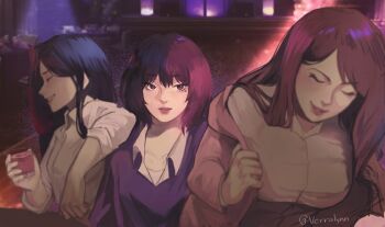 Rule 34 | 3girls, bar (place), black hair, bob cut, brown hair, closed eyes, collared shirt, commentary, cup, elbow on another's shoulder, english commentary, grin, han sooyoung, highres, holding, holding cup, jacket, jung heewon, long hair, mole, mole under eye, multiple girls, omniscient reader's viewpoint, pink jacket, purple shirt, shirt, sleeves rolled up, smile, talking, undershirt, upper body, verralynn, white shirt, yoo sangah