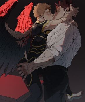 2boys belt black_pants blonde_hair boku_no_hero_academia brown_belt closed_eyes commentary earrings endeavor_(boku_no_hero_academia) feathered_wings french_kiss from_side hand_on_another&#039;s_head hawks_(boku_no_hero_academia) highres jewelry kiss male_focus mature_male multiple_boys muscular muscular_male pants red_hair red_wings ruuhlid scar scar_across_eye scar_on_face shirt shirt_tucked_in sideburns size_difference sleeves_pushed_up spread_wings toeless_legwear veins veiny_arms white_shirt wings yaoi