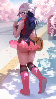1girl ass bag bare_arms bare_shoulders black_shirt blue_eyes boots cherry_blossoms commission dappled_sunlight dawn_(pokemon) day food from_behind full_body hair_ornament hairclip hand_up holding holding_food kneehighs licking long_hair looking_at_viewer looking_back microskirt nintendo no_panties outdoors petals pink_skirt pokemon pokemon_dppt popsicle purple_hair scarf shirt shoulder_bag skirt sleeveless sleeveless_shirt socks solo sumisumii sunlight thighhighs tongue tongue_out tree_shade