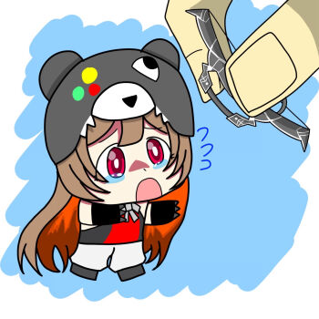 1girl bear_hat black_gloves brown_hair chibi chibi_only crying crying_with_eyes_open full_body gloves grimms_notes highres mini_person minigirl open_mouth red_eyes shadow_red_rose_(grimms_notes) solo_focus tears user_hguc4475