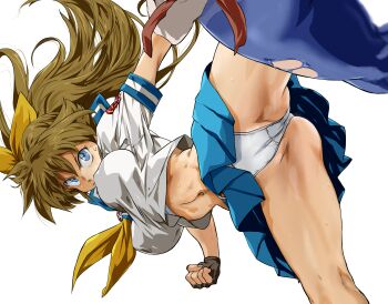 2girls auge_(akd) black_gloves blue_eyes blue_skirt borrowed_character bow bra bra_peek breasts brown_hair fingerless_gloves gloves glowing hair_bow highres kicking long_hair m.u.g.e.n midriff multiple_girls navel neckerchief original panties pleated_skirt ponytail ribbon ryuko_(oggyoggy) school_uniform serafuku short_sleeves simple_background skirt solo_focus torn_clothes underwear white_background yellow_bow yellow_neckerchief