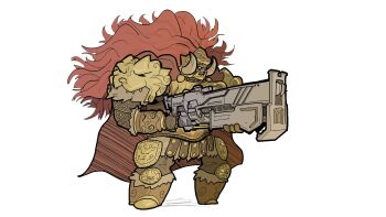 1boy armor armored_core armored_core_vi:_fires_of_rubicon commentary company_connection elden_ring english_commentary exoskellet fake_horns fromsoftware giant giant_male gold_armor gun helmet highres holding holding_gun holding_weapon horned_helmet horns male_focus red_hair starscourge_radahn weapon