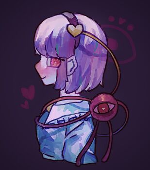 1girl @_@ blue_shirt closed_mouth commentary_request frilled_shirt_collar frills hair_ornament hairband heart heart_hair_ornament highres komeiji_satori looking_at_viewer looking_to_the_side profile purple_hair purple_hairband red_eyes shinjitsu_no_kuchi shirt simple_background smile solo third_eye touhou upper_body