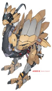 artist_name bird chocobo facebook_logo final_fantasy full_body highres instagram_logo mechabare mechanical_wings mechanization no_humans non-humanoid_robot pixiv_logo robot robot_animal science_fiction simple_background standing talons twitter_logo white_background wings xezeno