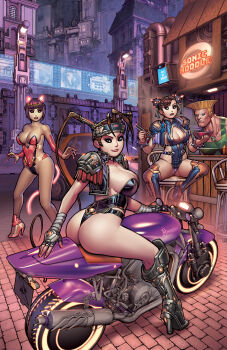1boy 3girls armor bare_shoulders black_footwear blonde_hair blue_leotard blunt_bangs boots bowl bracelet breasts brown_hair capcom chair chopsticks chun-li cleavage cleavage_cutout clothing_cutout double_bun english_text flattop full_body guile hair_bun high_heel_boots high_heels highres ibuki_(street_fighter) jewelry knee_boots large_breasts leotard long_hair menat motor_vehicle motorcycle multiple_girls nail_polish pauldrons ponytail red_leotard red_nails red_pupils ryan_kinnaird science_fiction short_hair shoulder_armor sideboob sitting spiked_bracelet spikes standing street_fighter very_long_hair