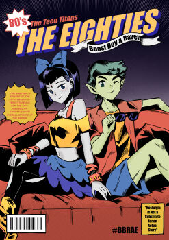 1boy 1girl absurdres barcode beast_boy_(dc) black_hair blue_bow blue_eyes blue_shorts blue_skirt bow bracelet character_name closed_mouth colored_skin comic_cover copyright_name cornfarm couch couple cover dc_comics fake_cover fang forehead_jewel green_eyes green_hair green_skin hair_bow hashtag highres jewelry looking_at_viewer off_shoulder one_eye_closed open_clothes open_shirt orange_shirt pantyhose pointy_ears raven_(dc) red_shirt retro_artstyle shirt short_hair shorts sitting skirt smile teen_titans