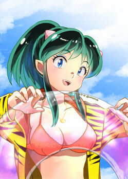 01angelegg 1girl :d bikini black_hair blue_eyes breasts cleavage collarbone fangs green_hair halterneck horns innertube jacket jewelry long_hair long_sleeves lum makeup mascara medium_breasts multicolored_hair necklace open_clothes open_jacket open_mouth orange_bikini ponytail smile solo striped_clothes striped_jacket swim_ring swimsuit tiger_stripes two-tone_hair upper_body urusei_yatsura yellow_jacket