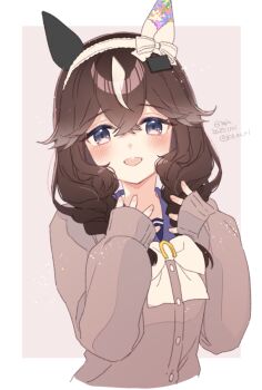 1girl animal_ears blush bow bowtie braid breasts brown_cardigan brown_hair cardigan curren_bouquetd&#039;or_(umamusume) ear_covers grey_eyes hair_between_eyes hair_ornament hairband horse_ears horse_girl koruri long_braid long_hair long_sleeves looking_at_viewer low_twin_braids mismatched_ear_covers multicolored_hair open_mouth purple_sailor_collar purple_shirt sailor_collar sailor_shirt school_uniform shirt simple_background smile solo streaked_hair tracen_school_uniform twin_braids umamusume upper_body white_bow white_bowtie white_hair white_hairband white_streaks