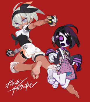 1boy 1girl allister_(pokemon) barefoot bea_(pokemon) black_bodysuit black_hair black_hairband bodysuit bodysuit_under_clothes bow_hairband collared_shirt commentary_request dynamax_band feet gloves grey_eyes hair_between_eyes hairband highres holding holding_poke_ball knee_pads long_sleeves mask medium_hair nintendo open_mouth partially_fingerless_gloves poke_ball pokemon pokemon_swsh print_shirt print_shorts purple_eyes purple_pupils purple_shorts red_background shirt shoes short_hair short_sleeves shorts simple_background single_glove socks soles suspender_shorts suspenders teeth tied_shirt toes ultra_ball upper_teeth_only white_shirt white_shorts yotsuyu