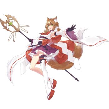 1girl animal_ears arcanadea asymmetrical_legwear black_gloves brown_hair detached_sleeves floating fox_ears fox_tail full_body furisode_sleeves gloves green_eyes holding holding_polearm holding_weapon kimono_dress kotobukiya large_tail low_twintails necomi obi official_art okobo open_mouth outstretched_arm outstretched_hand platform_sandals polearm red_rope rope sandals sash second-party_source shakujou short_twintails simple_background single_thighhigh solo staff tachi-e tail thighhighs transparent_background twintails weapon yukumo_(arcanadea)