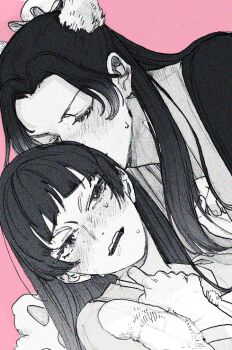 Rule 34 | 1boy, 1girl, blunt bangs, blush, bun cover, closed eyes, furrowed brow, hair bun, half updo, hashtag-only commentary, hetero, jinshi (kusuriya no hitorigoto), kissing hair, kusuriya no hitorigoto, long hair, maomao (kusuriya no hitorigoto), monochrome, parted bangs, pink background, sweat, tapon1030, upper body, wavy mouth