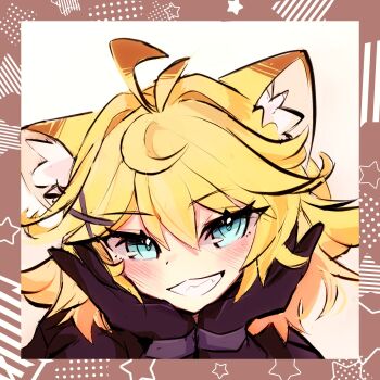 Rule 34 | ahoge, animal ear fluff, animal ears, black gloves, black jacket, blonde hair, blue eyes, blush, border, cat ears, dokibird, dokibird (bounty hunter), double-parted bangs, feather hair, gloves, graviton beam emitter, grin, hair flaps, hair ornament, hair ribbon, hands on own cheeks, hands on own chin, hands on own face, hashtag-only commentary, highres, indie virtual youtuber, jacket, kemonomimi mode, ribbon, smile, troubleshooter bun, virtual youtuber, x hair ornament
