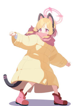 1girl absurdres animal_ear_headphones animal_ears blonde_hair blue_archive blush boots bow cat_ear_headphones cat_ears cat_tail clenched_hands coat commentary_request covered_mouth fake_animal_ears fake_tail full_body hair_bow halo headphones highres kukuzero_neko long_sleeves looking_to_the_side momoi_(blue_archive) outstretched_arms padded_coat pink_boots pink_scarf red_bow red_eyes scarf sidelocks simple_background solo tail white_background yellow_coat