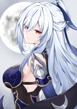 1girl absurdres bare_shoulders breasts closed_mouth commentary_request detached_sleeves expressionless from_side full_moon grey_background hair_between_eyes hair_ribbon highres honkai:_star_rail honkai_(series) jingliu_(honkai:_star_rail) large_breasts long_hair looking_at_viewer moon red_eyes ribbon solo tiizumaru98 upper_body white_hair