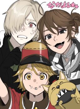 3boys :3 :d ahoge albino andrew_kreiss arm_around_shoulder ascot bad_id bad_twitter_id bandaged_neck bandages black_eyes black_gloves black_jacket blonde_hair brown_hair bruise bruised_eye c: collar commentary_request cross_scar dog facial_scar fang furrowed_brow gloves green_ascot hair_over_one_eye half-closed_eye hat identity_v injury jacket kepi looking_at_viewer luca_balsa male_focus metal_collar military_hat multiple_boys open_mouth ponytail popped_collar portrait red_eyes scar scar_on_cheek scar_on_face selfie shirt short_hair short_ponytail smile stitched_mouth stitches striped_clothes striped_shirt sweat translation_request uneven_eyes victor_grantz waiwai_wai wick_(identity_v) yellow_eyes