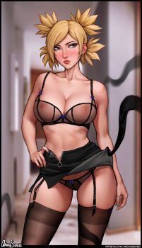 1girl absurdres aroma_sensei bare_shoulders black_bra black_panties black_skirt black_thighhighs blonde_hair blue_nails blurry blurry_background blush bra breasts cleavage closed_mouth clothes_lift collarbone depth_of_field ear_piercing earrings garter_straps hair_bun hand_on_own_hip highres indoors jewelry large_breasts legs_apart lifting_another's_clothes lingerie lipstick looking_to_the_side makeup miniskirt nail_polish naruto_(classic) naruto_(series) naruto_shippuuden navel no_shirt panties panty_peek parted_bangs pencil_skirt piercing red_lips ribbon ribbon_trim see-through_clothes shadow single_hair_bun skindentation skirt skirt_lift standing strap temari_(naruto) tentacles thighhighs underwear unzipped unzipping zipper zipper_pull_tab