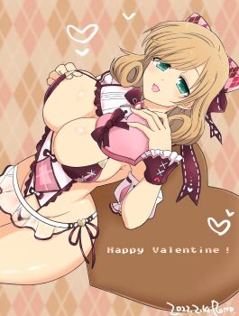 Rule 34 | 1girl, bow, bowtie, breasts, brown hair, candy, chocolate, chocolate heart, cleavage, detached sleeves, green eyes, hair ribbon, happy valentine, haruka (senran kagura), heart, large breasts, leotard, looking at viewer, medium hair, microskirt, ribbon, see-through clothes, see-through skirt, senran kagura, sideboob, skirt, tanoshi murahashibu