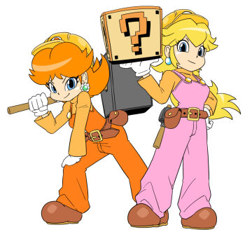 2girls block_(mario) blonde_hair blue_eyes brown_hair brown_shoes earrings flower_earrings gloves hammer hard_hat helmet holding holding_hammer jewelry junnosu mario_(series) multiple_girls nintendo orange_overalls overalls pink_overalls princess_daisy princess_peach shoes simple_background smile super_mario_maker white_background white_gloves