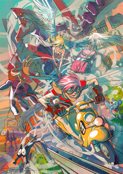 00s 10s 1990s_(style) 3girls :d :p angel_wings armlet bad_id bad_pixiv_id bare_shoulders blonde_hair blue_eyes bra broken_glass car cat chasing chuck_(psg) clothes_iron company_connection crossover dog dust eva_01 eva_02 flcl fushigi_no_umi_no_nadia gainax glass gloves goggles guitar haruhara_haruko heart highres hummer instrument jewelry king_(nadia) lingerie lion long_hair mecha_pilot_suit motion_lines motor_vehicle multiple_girls nandaba_kamon necklace neon_genesis_evangelion open_mouth panty_&amp;_stocking_with_garterbelt panty_(psg) pink_hair pixmilk plugsuit_(evangelion) pointing railing rebuild_of_evangelion red_hair retro_artstyle road scarf scooter see-through_(psg) short_hair signature smile souryuu_asuka_langley speed_lines sweatdrop takkun takkun_(flcl) test_plugsuit_(evangelion) tongue tongue_out underwear unfinished vespa wings yellow_eyes