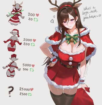 1girl animal_ear_hairband animal_ears antlers black_hair black_thighhighs breasts capelet commentary deer_ears dress earrings fake_animal_ears fake_antlers fur-trimmed_capelet fur-trimmed_dress fur_trim hairband hand_on_own_hip highres holding holding_sack hoop_earrings horns jewelry large_breasts like_and_retweet long_hair looking_at_viewer original purple_eyes red_capelet reindeer_antlers ruca_(rucarachi) rucarachi sack santa_costume santa_dress smile solo symbol-only_commentary thighhighs