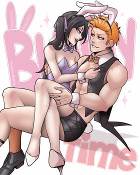 1boy 1girl abs absurdres animal_ear_hairband animal_ears bare_pectorals black_hair black_hairband black_shoes black_shorts black_vest bleach bleach:_epilogue breasts clothes_grab commentary crossed_legs dangerousbride detached_collar english_commentary fake_animal_ears fake_tail hair_ribbon hairband hetero high_heels highres kuchiki_rukia kurosaki_ichigo leotard male_playboy_bunny muscular muscular_male orange_eyes orange_hair orange_socks oversized_breast_cup pectorals playboy_bunny purple_eyes rabbit_ears rabbit_tail ribbon shoes short_shorts shorts side_ponytail sitting sitting_on_lap sitting_on_person small_breasts socks sparkle strapless strapless_leotard tail vest wrist_cuffs
