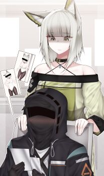 1girl 1other absurdres ambiguous_gender animal_ear_fluff animal_ears arknights black_pantyhose bow bowtie breasts cat_ears cat_girl censored censored_identity cleavage closed_mouth cowboy_shot criss-cross_halter dated_commentary detached_collar doctor_(arknights) dress fake_animal_ears green_bow green_bowtie green_dress grey_eyes grey_hair halterneck highleg highleg_leotard highres holding kal&#039;tsit_(arknights) large_breasts leotard long_sleeves material_growth off-shoulder_dress off_shoulder open_mouth oripathy_lesion_(arknights) pantyhose playboy_bunny rabbit_ears samip shaded_face short_hair simple_background strapless strapless_leotard white_background white_leotard wrist_cuffs