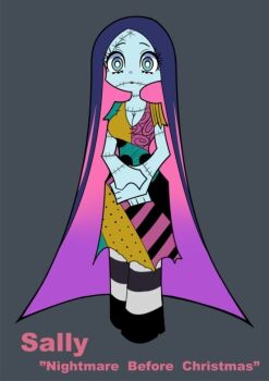 1girl blue_eyes colored_inner_hair dress hiro_(hiro1239119) long_hair looking_at_viewer multicolored_hair over-kneehighs panty_&amp;_stocking_with_garterbelt patchwork_clothes patchwork_skin pink_hair pinstripe_pattern purple_hair sally_(nbc) solo stitched_face stitches stocking_(psg) striped_clothes the_nightmare_before_christmas thighhighs